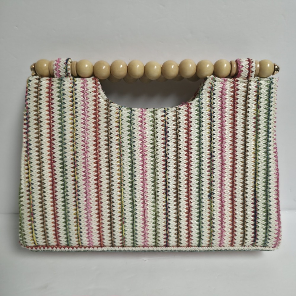 Boho Multicolor Striped Woven Handbag Wooden Bead Top Handle Summer Beach Purse